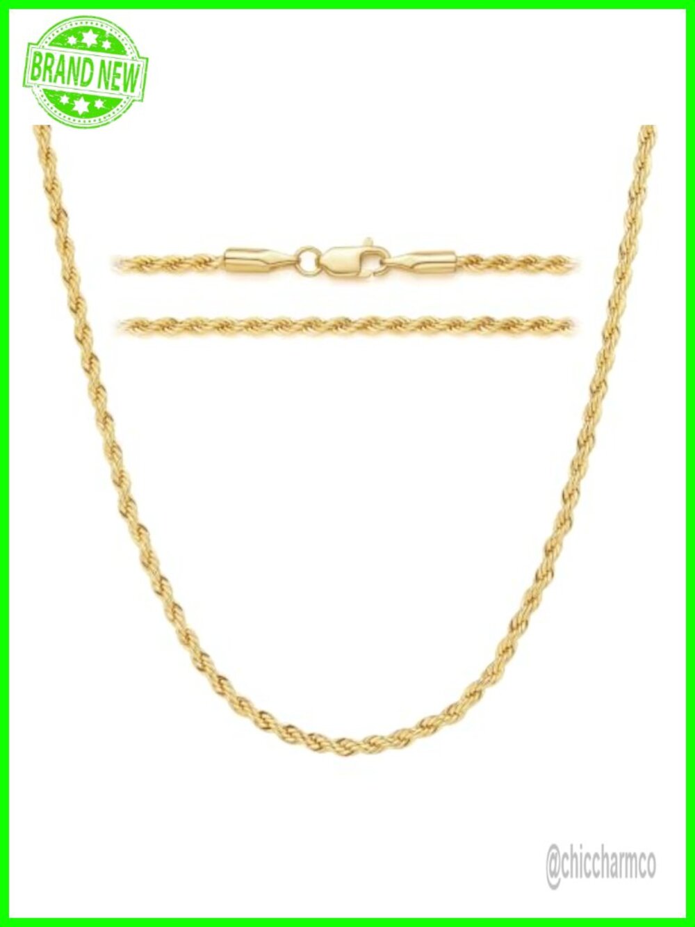 14K Gold Plated Rope Chain Necklace 2mm Lobster Clasp 20"